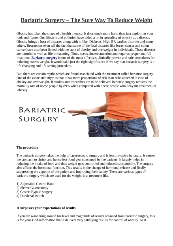 Bariatric Surgeryâ€Šâ€”â€ŠThe Sure Way To Reduce Weight