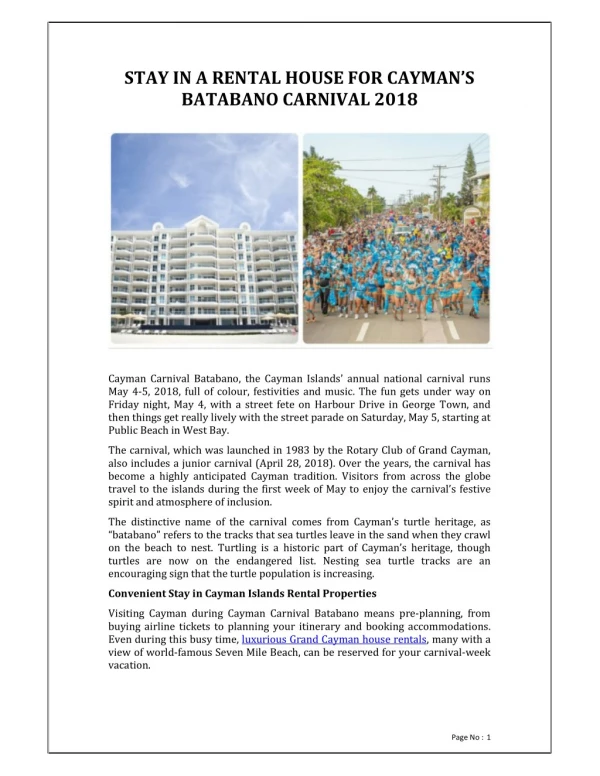 Stay in a Rental House for Cayman’s Batabano Carnival 2018 - REM services