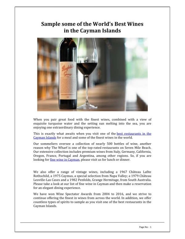 Sample some of the World’s Best Wines in the Cayman Islands - Wharf restaurant