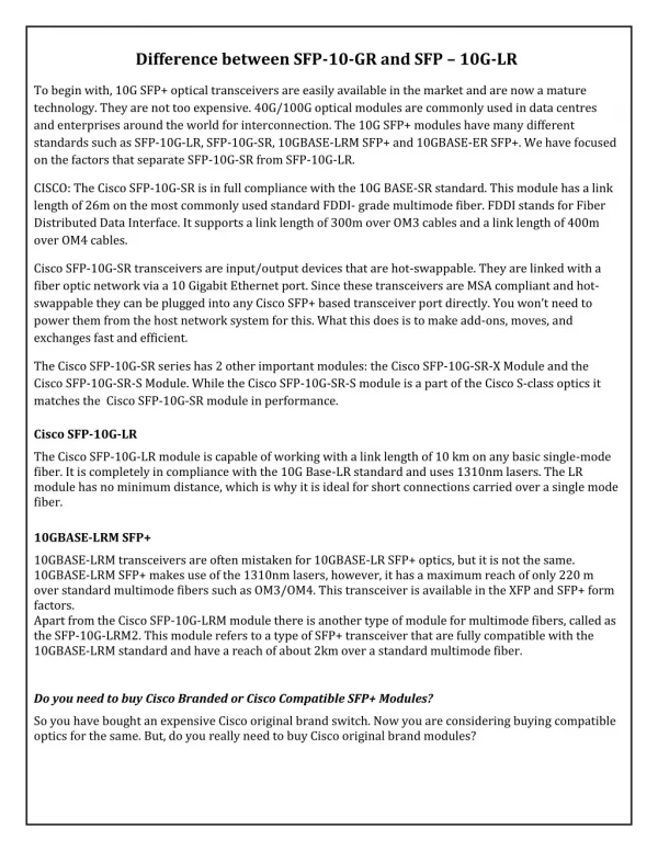 Difference between SFP-10-GR and SFP – 10G-LR