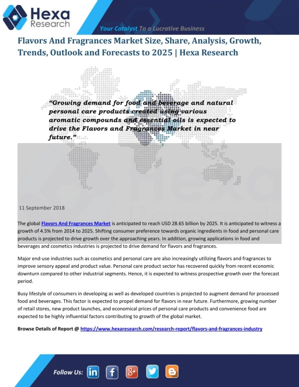 Flavors and Fragrances Market is Expected to Reach $28.65 Billion by 2025 | Hexa Research
