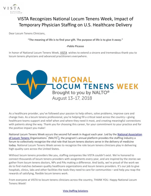 VISTA Recognizes National Locum Tenens Week, Impact of Temporary Physician Staffing on U.S. Healthcare Delivery