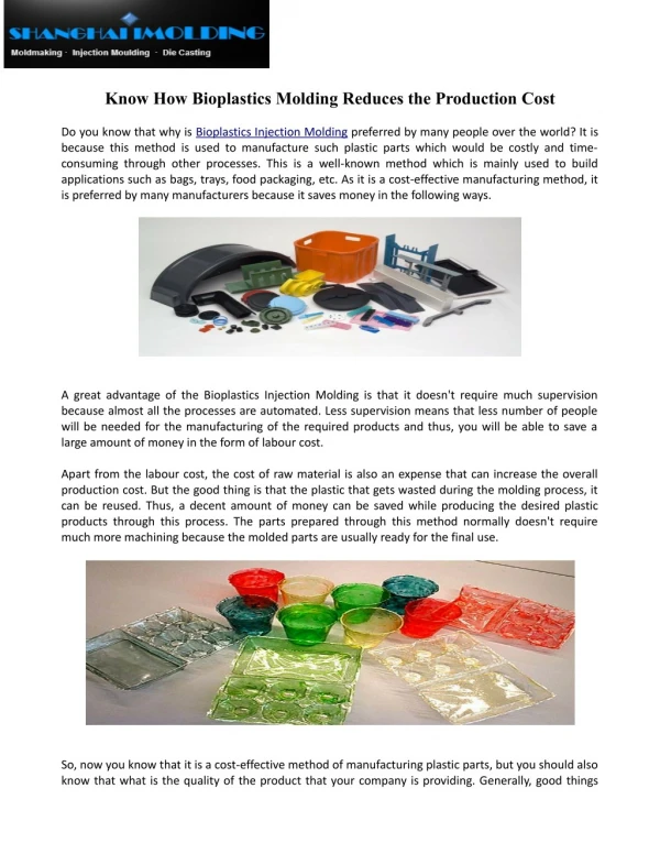 Know How Bioplastics Molding Reduces the Production Cost