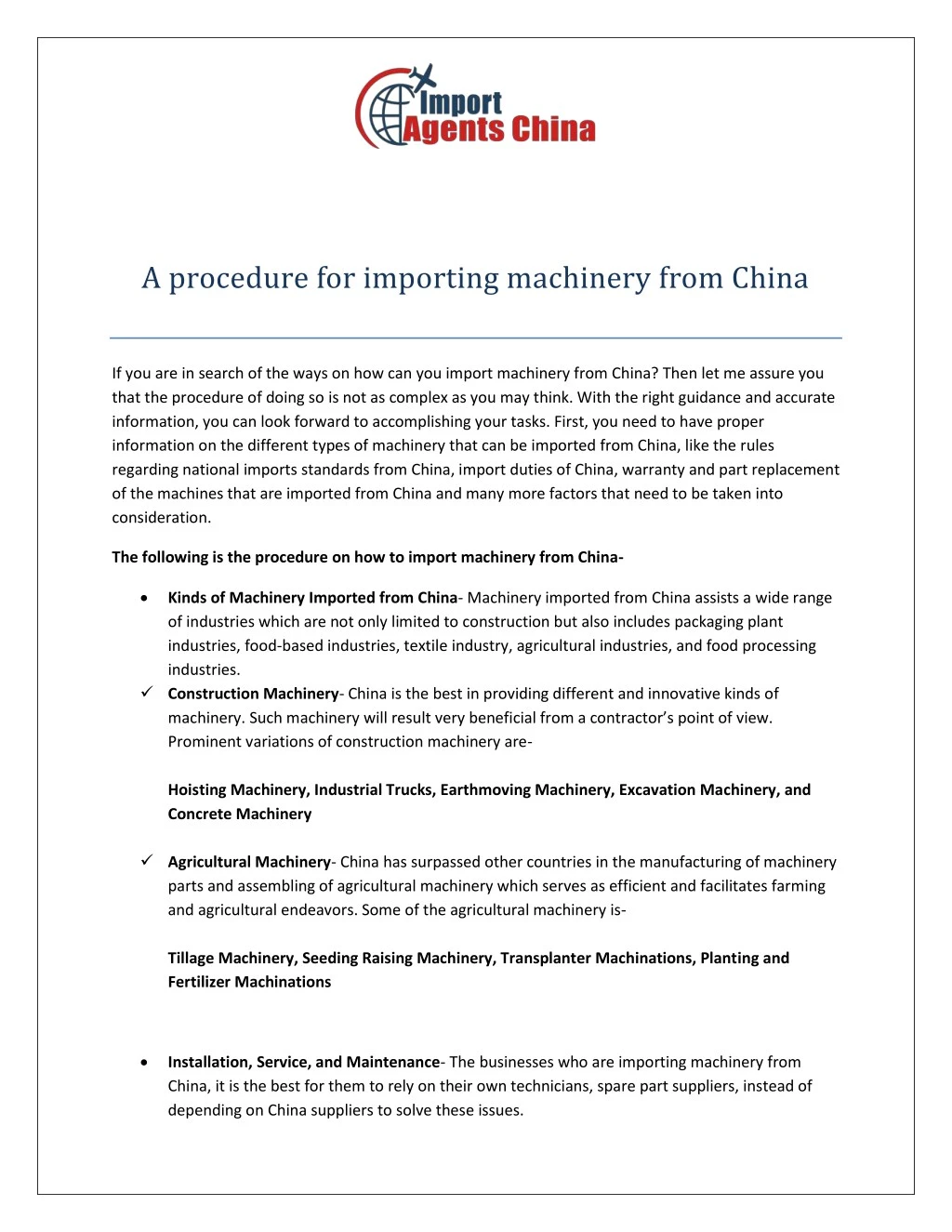 a procedure for importing machinery from china