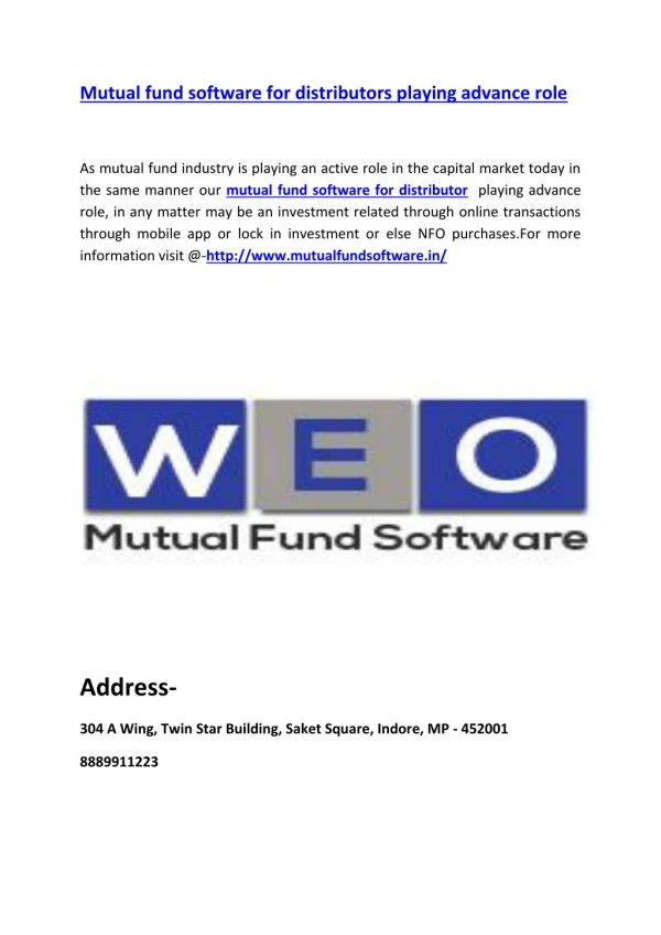 Mutual fund software for distributors playing advance role