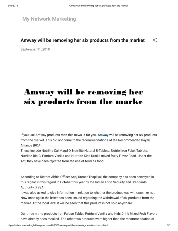 Amway will be removing her six products from the market