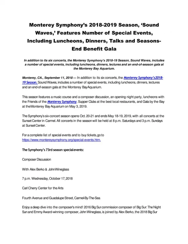 Monterey Symphony’s 2018-2019 Season, ‘Sound Waves,’ Features Number of Special Events, Including Luncheons, Dinne