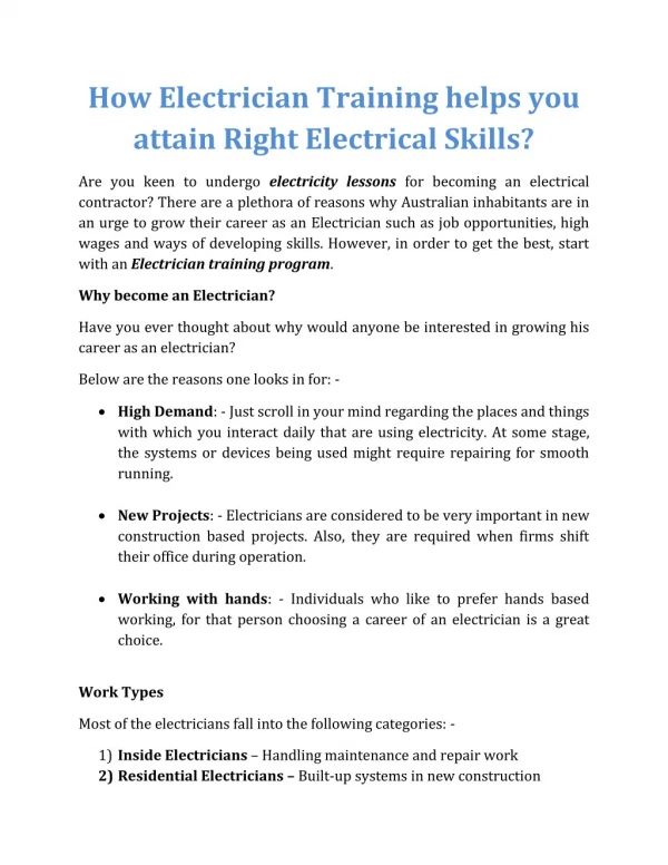 How Electrician Training helps you attain Right Electrical Skills?
