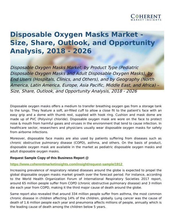 Disposable Oxygen Masks Market Outlook, and Opportunity Analysis, 2018 - 2026