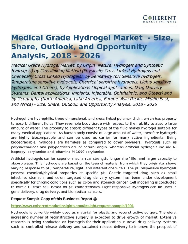 Medical Grade Hydrogel Market Outlook, and Opportunity Analysis, 2018 - 2026