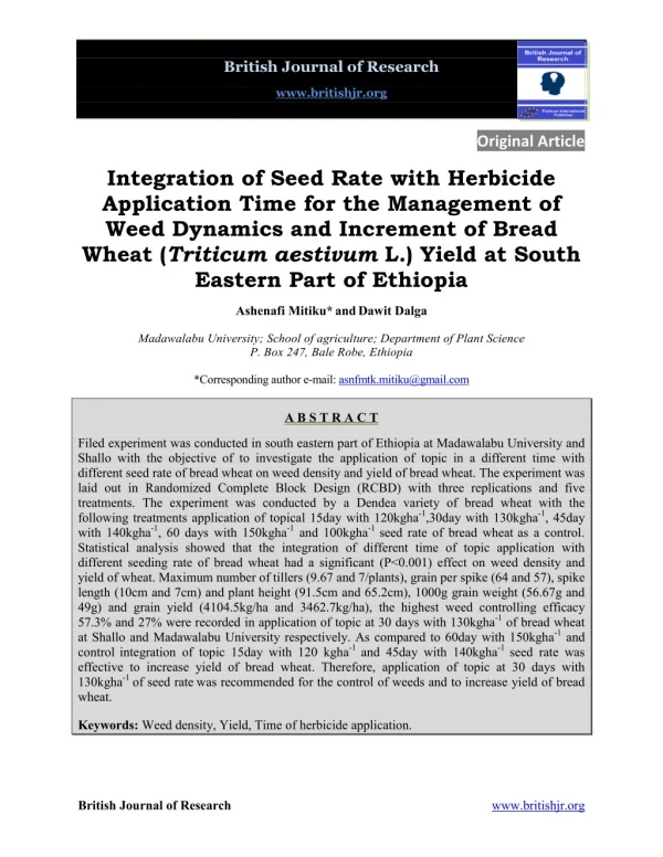 Integration of Seed Rate with Herbicide Application Time for the Management of Weed Dynamics and Increment of Bread Whea