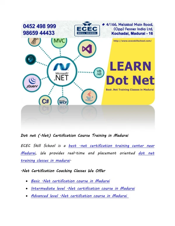 Dot net (.Net) Certification Course Training in Madurai