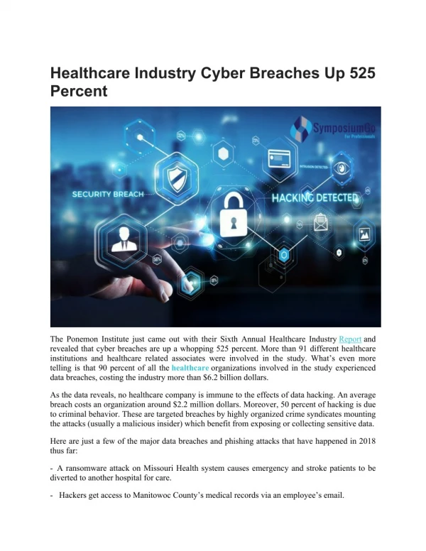 Healthcare industry cyber breaches up 525 percent