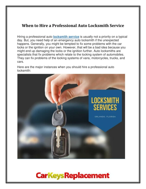 When to Hire a Professional Auto Locksmith Service