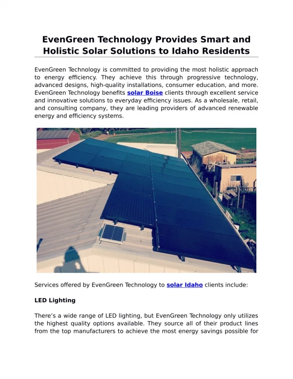 EvenGreen Technology Provides Smart and Holistic Solar Solutions to Idaho Residents