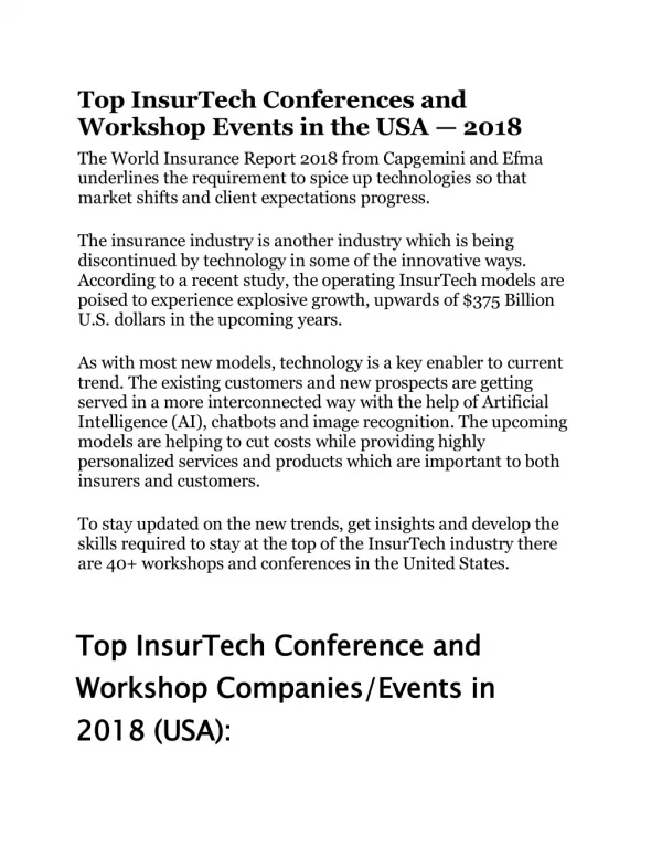 Top InsurTech Conferences and Workshop Events in the USA