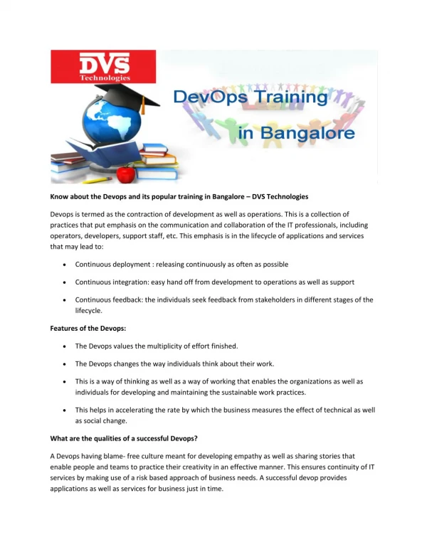 Know about the Devops and its popular training in Bangalore â€“ DVS Technologies