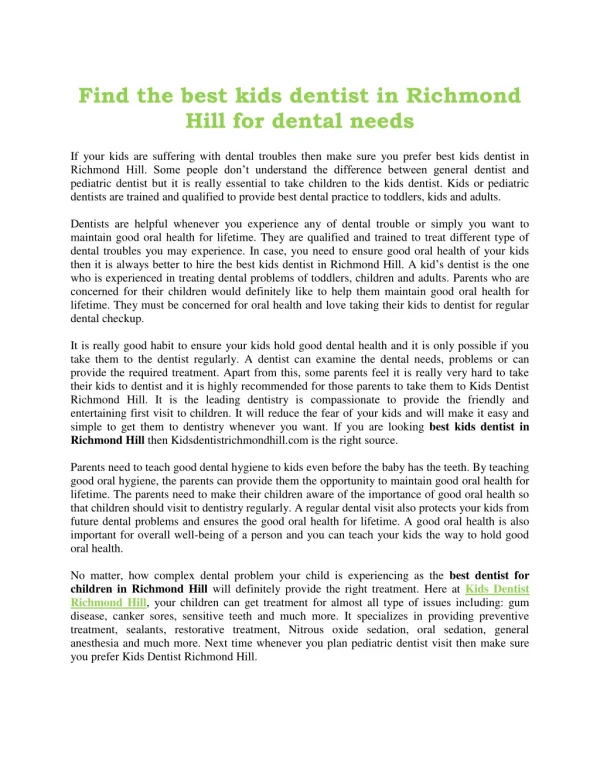 Find the best kids dentist in Richmond Hill for dental needs