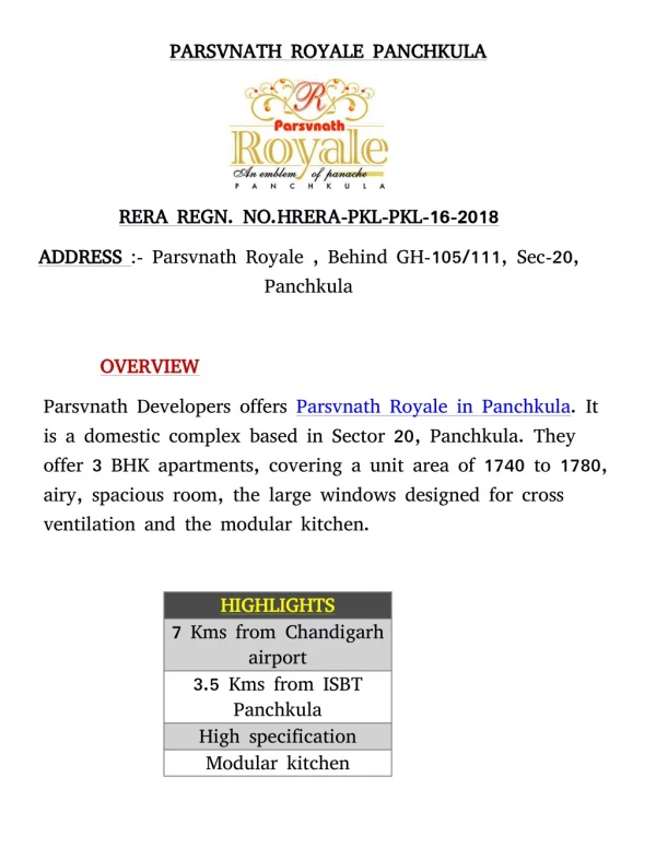Parsvnath Royale Residential Apartments in Panchkula
