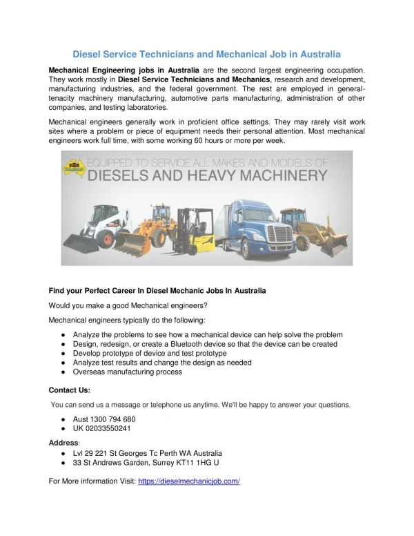 Diesel Mechanic Jobs in Australia