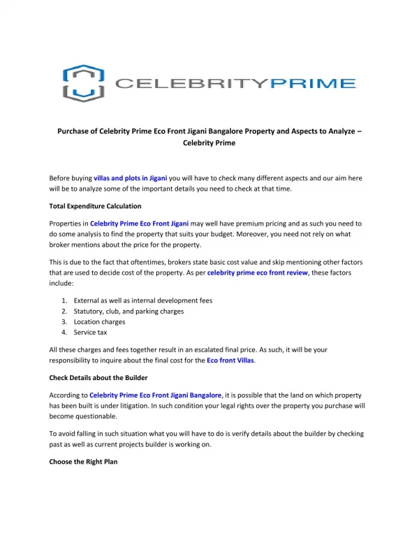 Purchase of Celebrity Prime Eco Front Jigani Bangalore Property and Aspects to Analyze – Celebrity Prime