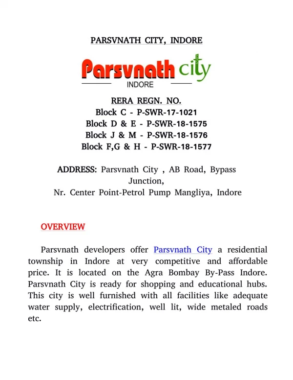 Parsvnath city Indore - Parsvnath Developers