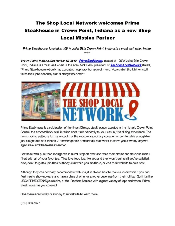The Shop Local Network welcomes Prime Steakhouse in Crown Point, Indiana as a new Shop Local Mission Partner
