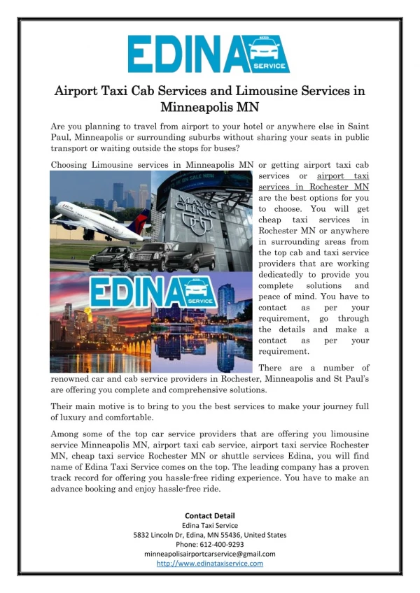 Airport Taxi Cab Services and Limousine Services in Minneapolis MN