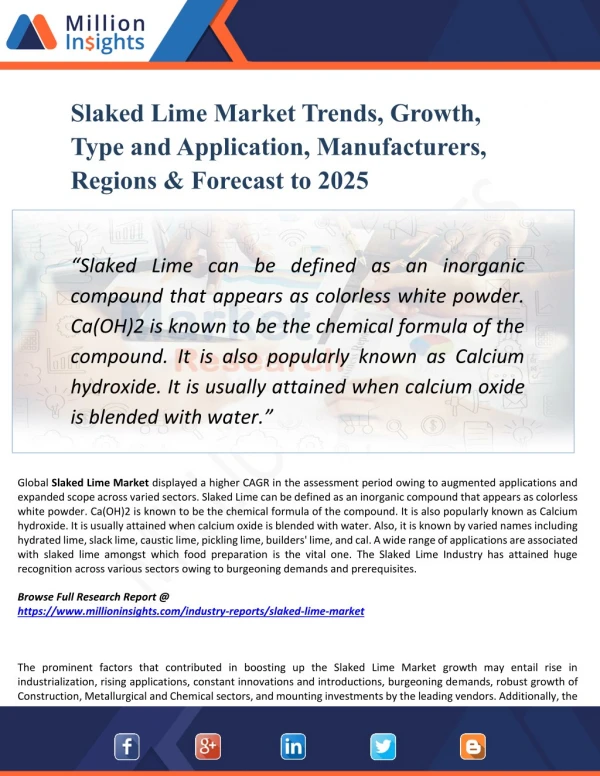Slaked Lime Market Outlook 2025: Market Trends, Segmentation, Market Growth And Competitive Landscape