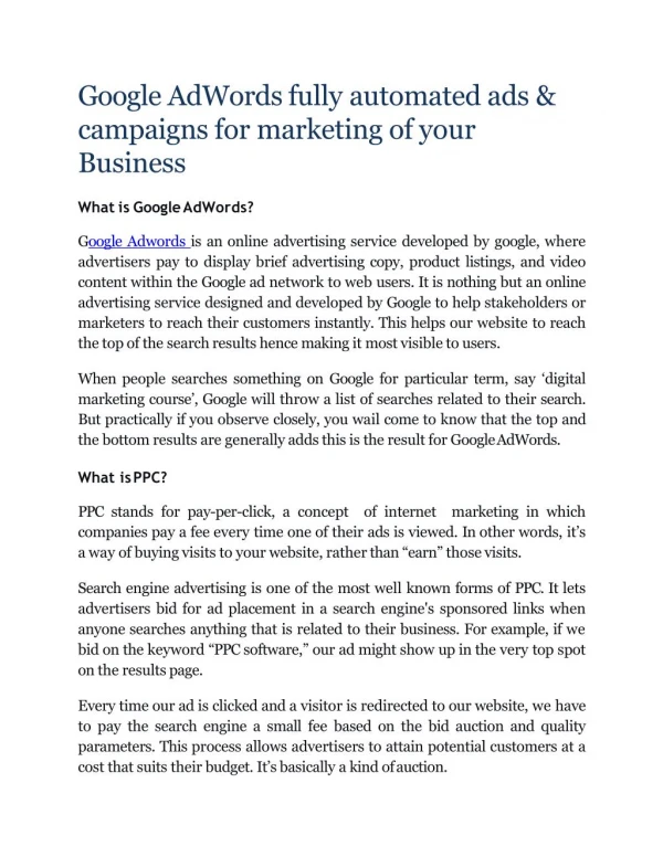 Google AdWords fully automated ads & campaigns for marketing of your Business