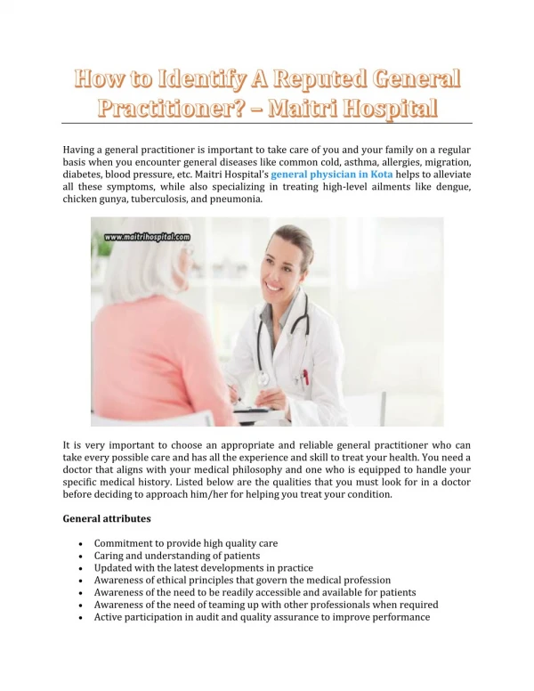 How To Identify A Reputed General Practitioner? - Maitri Hospital