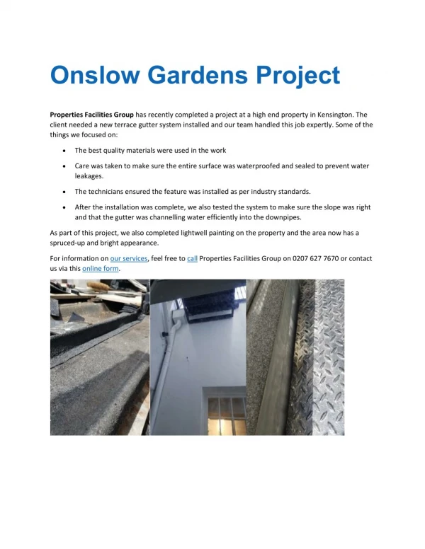Property Facilities Group For Onslow Gardens Project