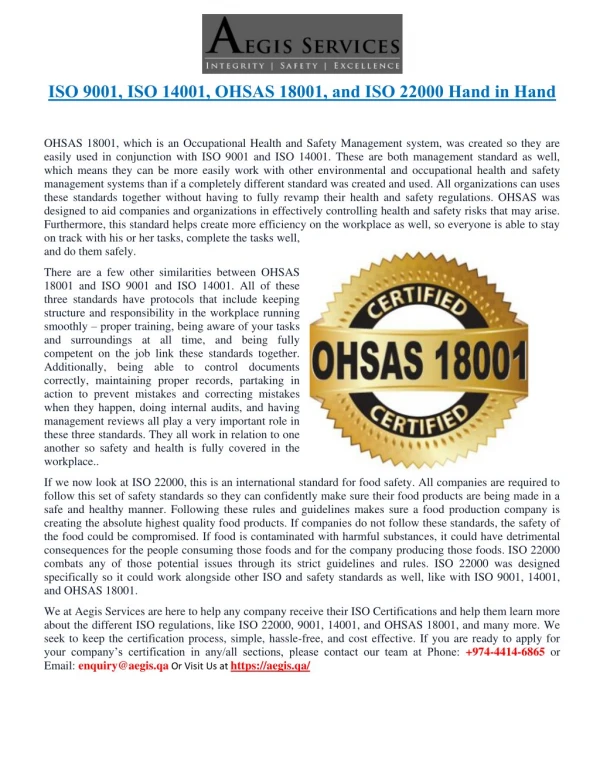 ISO 9001, ISO 14001, OHSAS 18001, and ISO 22000 Hand in Hand