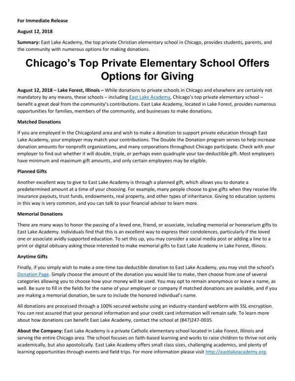 Chicagoâ€™s Top Private Elementary School Offers Options for Giving