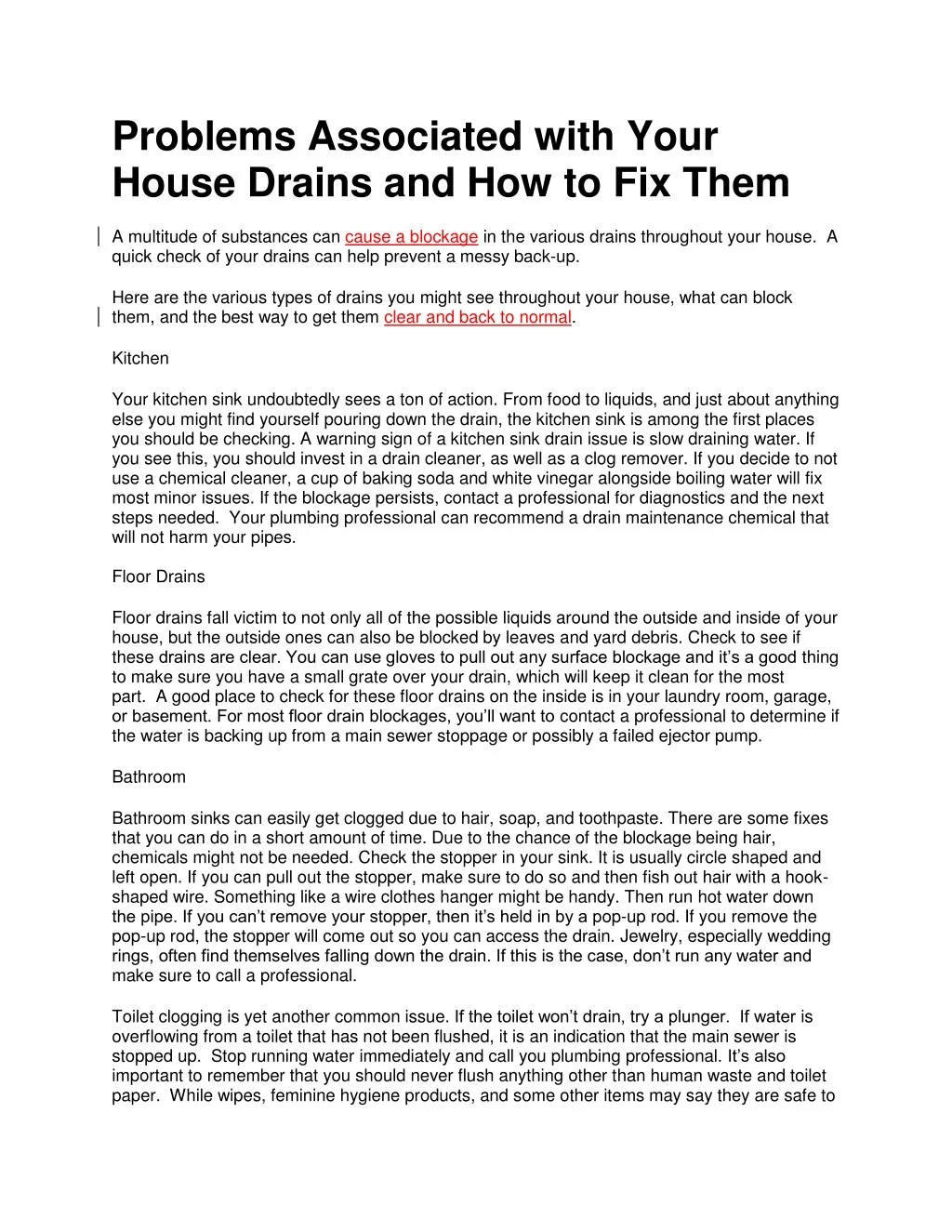 problems associated with your house drains