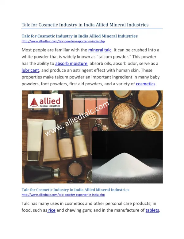 Talc for Cosmetic Industry in India Allied Mineral Industries