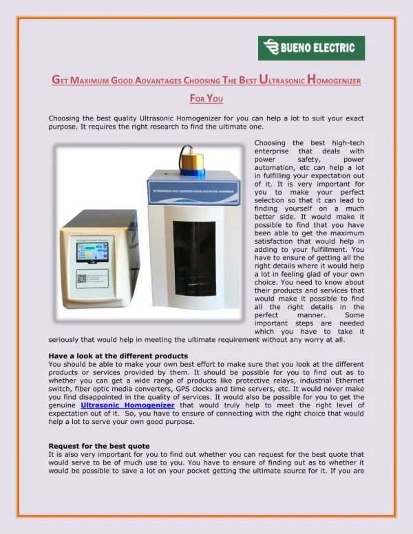 Get maximum good advantages choosing the best Ultrasonic Homogenizer for you - Bueno Electric