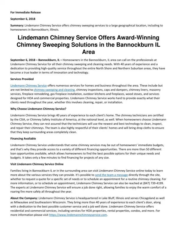 Lindemann Chimney Service Offers Award-Winning Chimney Sweeping Solutions in the Bannockburn IL Area