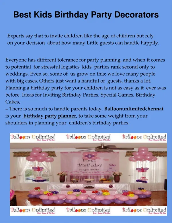 Best Kids Birthday Party Decorators in Chennai