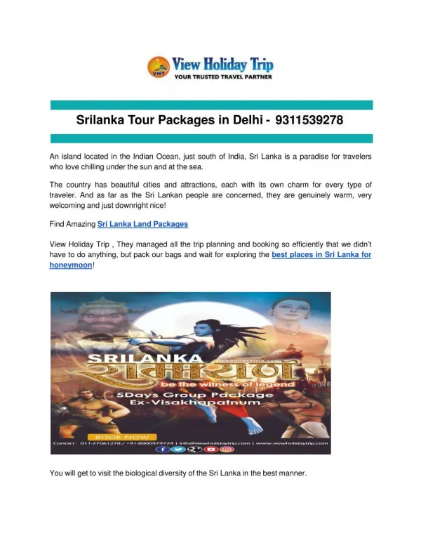 Srilanka Tour Packages in Delhi - 9311539278