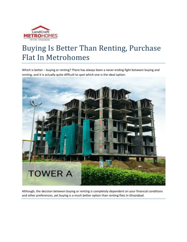 Buying Is Better Than Renting, Purchase Flat In Metrohomes