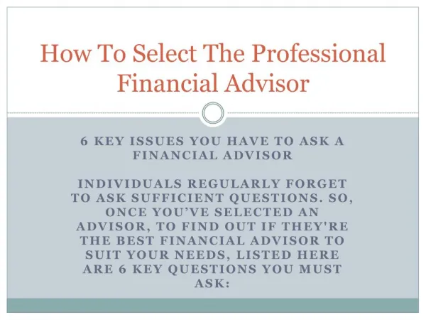 How To Select The Professional Financial Advisor