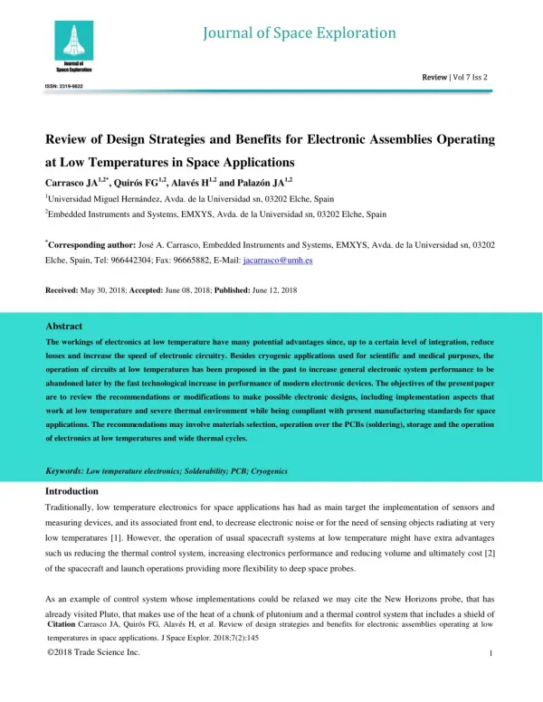 Review of Design Strategies and Benefits for Electronic Assemblies Operating at Low Temperatures in Space Applications