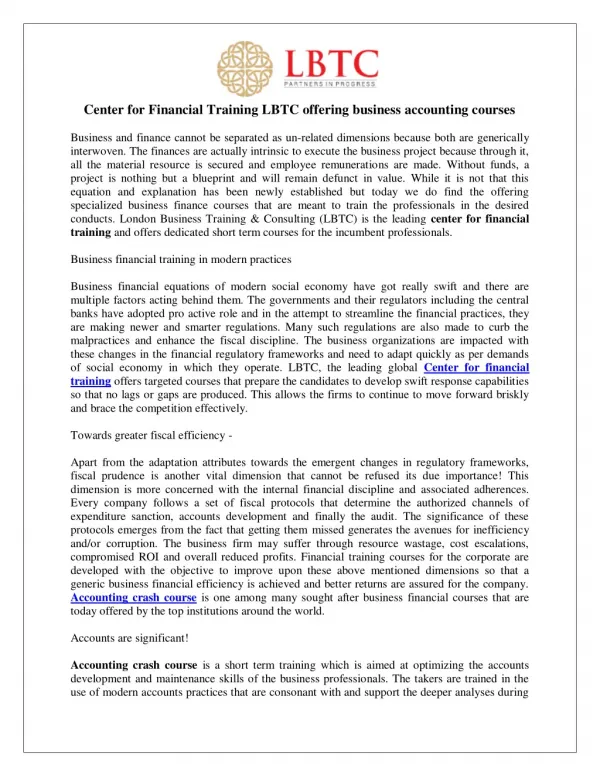 Center for Financial Training LBTC offering business accounting courses