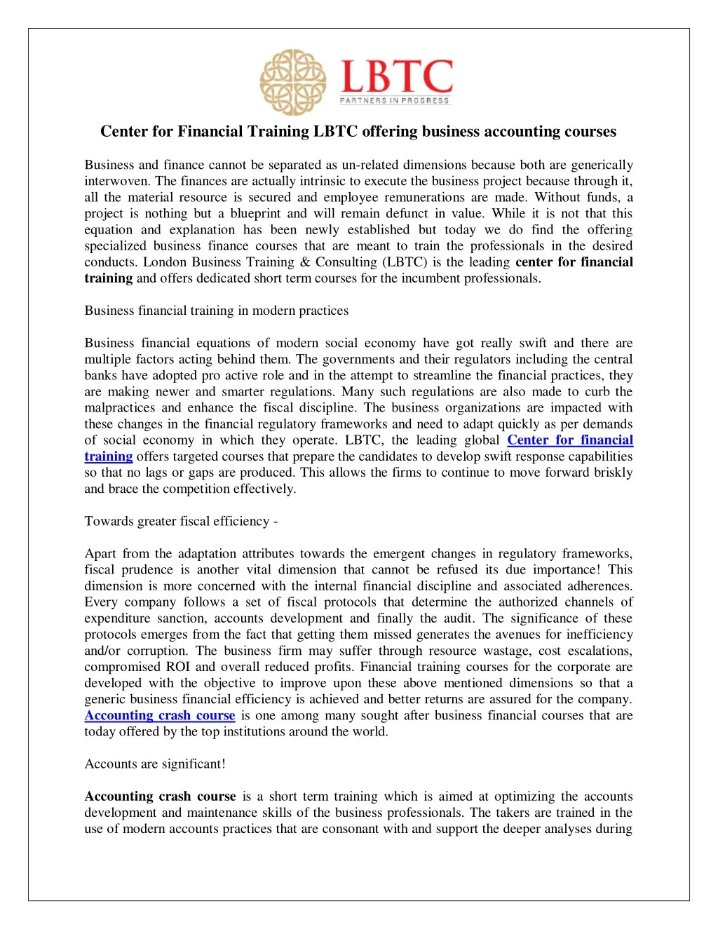 center for financial training lbtc offering