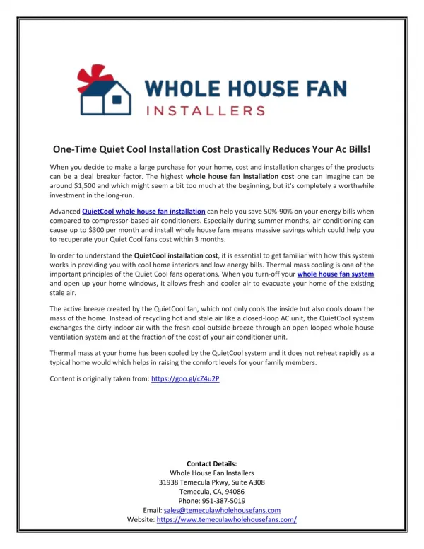 One-Time Quiet Cool Installation Cost Drastically Reduces Your Ac Bills!
