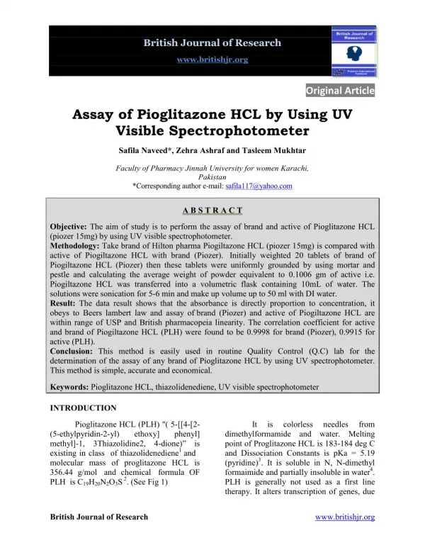 Assay of Pioglitazone HCL by Using UV Visible Spectrophotometer