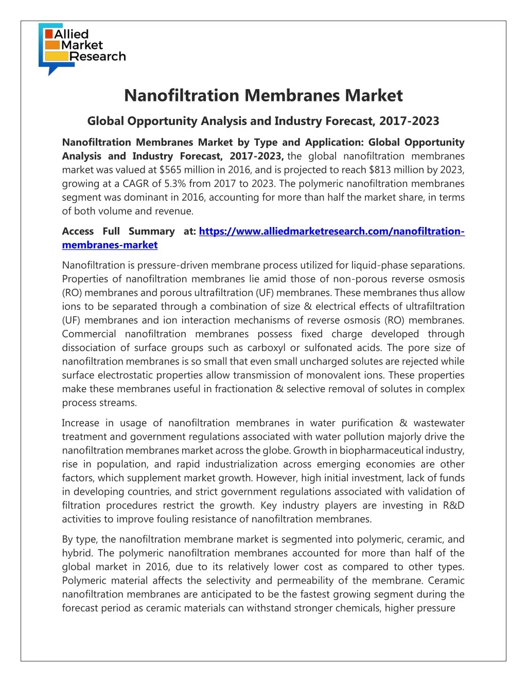 nanofiltration membranes market