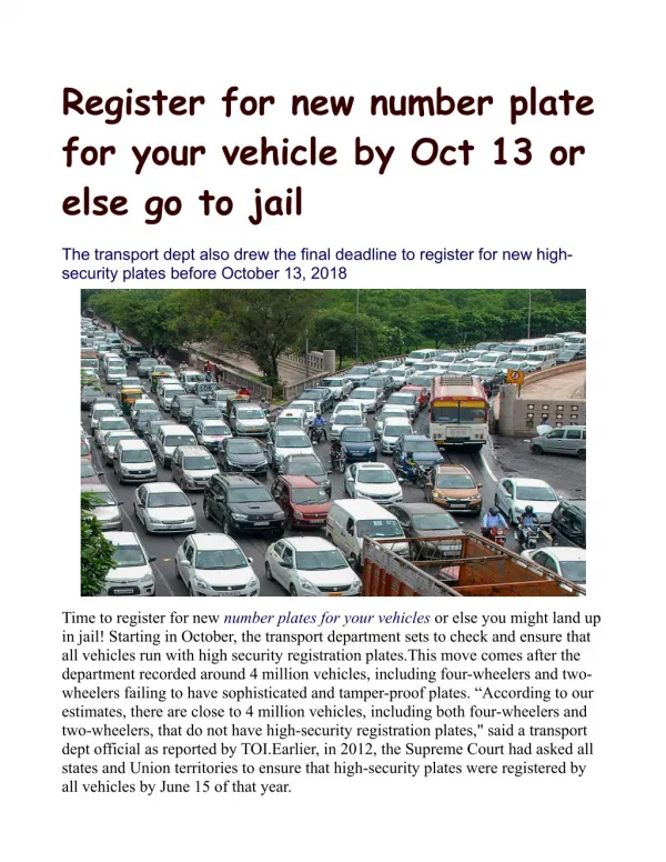 Register for new number plate for your vehicle by Oct 13 or else go to jail