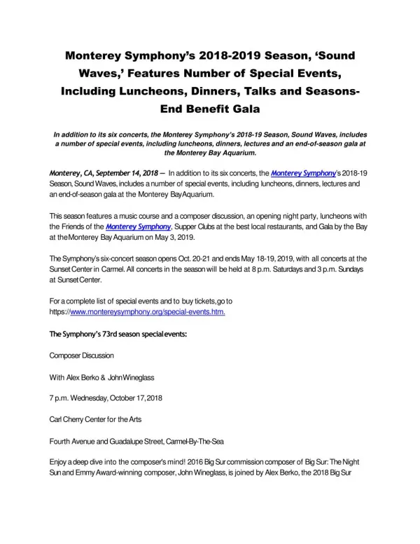 Monterey Symphony’s 2018-2019 Season, ‘Sound Waves,’ Features Number of Special Events, Including Luncheons, Dinne